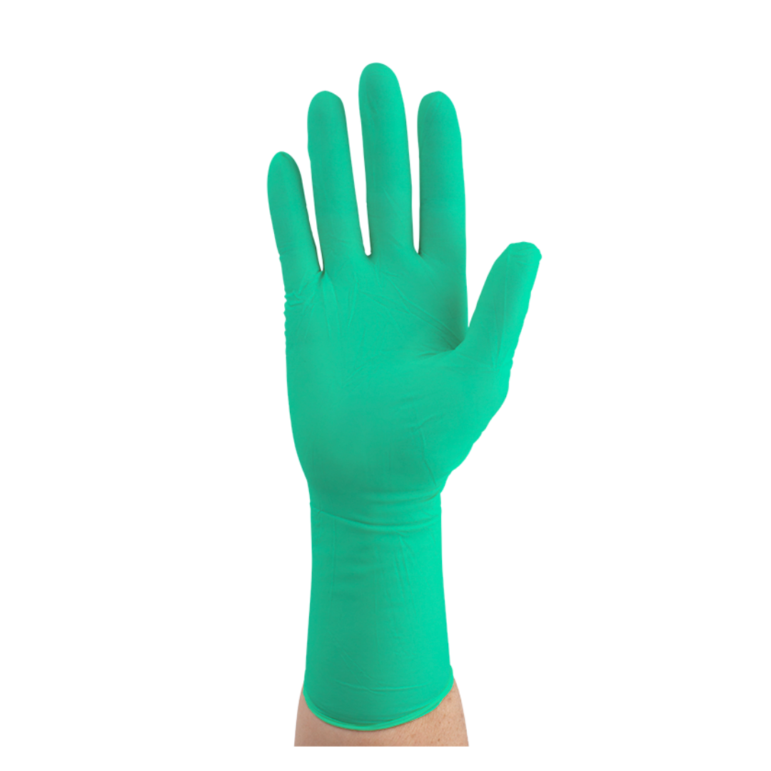A raised right hand wearing a green Dynarex SafeTouch Sterile Nitrile Powder-Free Surgical Glove is displayed against a plain white background.